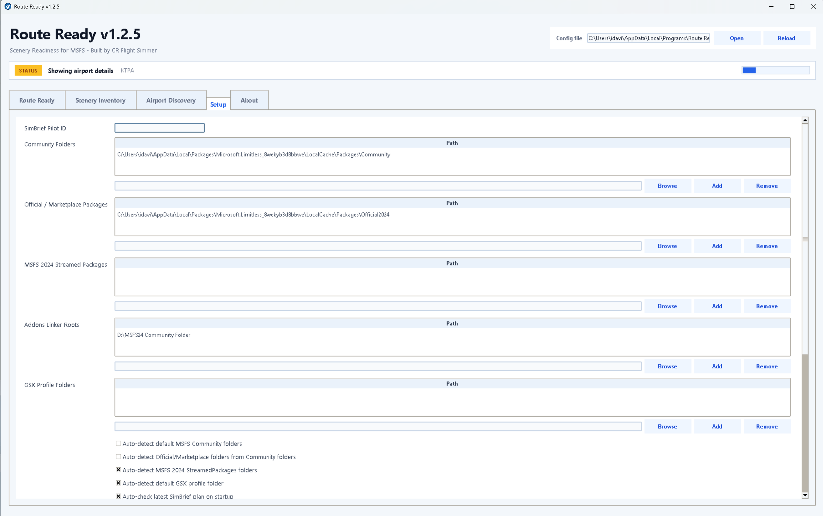 Route Ready Setup screen showing MSFS folders, Marketplace paths, Addons Linker roots, and GSX settings.