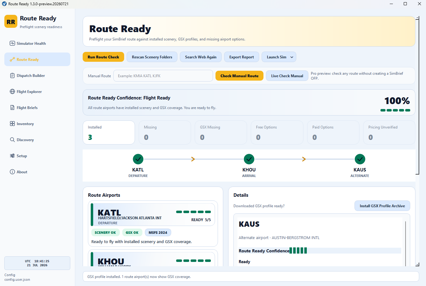 Route Ready Pro route dashboard showing a verified route, readiness confidence, and airport cards.