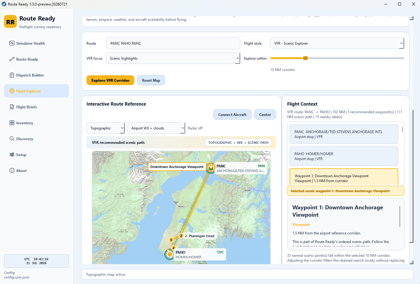 Route Ready Pro interactive topographic map showing an ordered VFR scenic path near Anchorage and Homer.